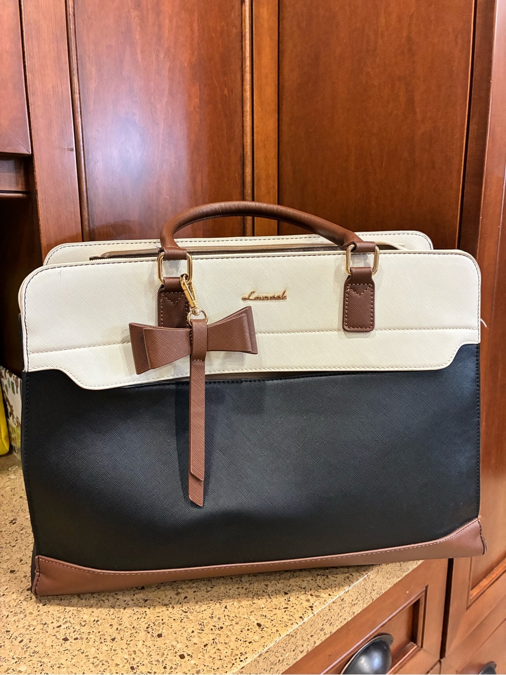 LOVEVOOK Laptop Work Tote Bag Black Cream Brown Bow Large